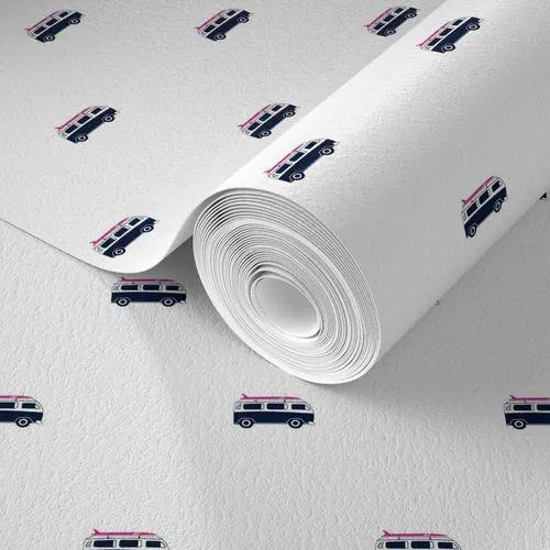 Navy Blue Surf Bus with Hot Pink Surfboard Wallpaper