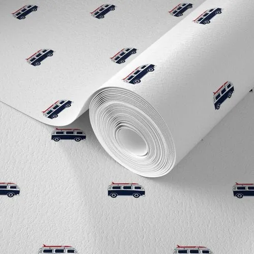 Navy Blue Surf Bus with Red Surfboard Wallpaper