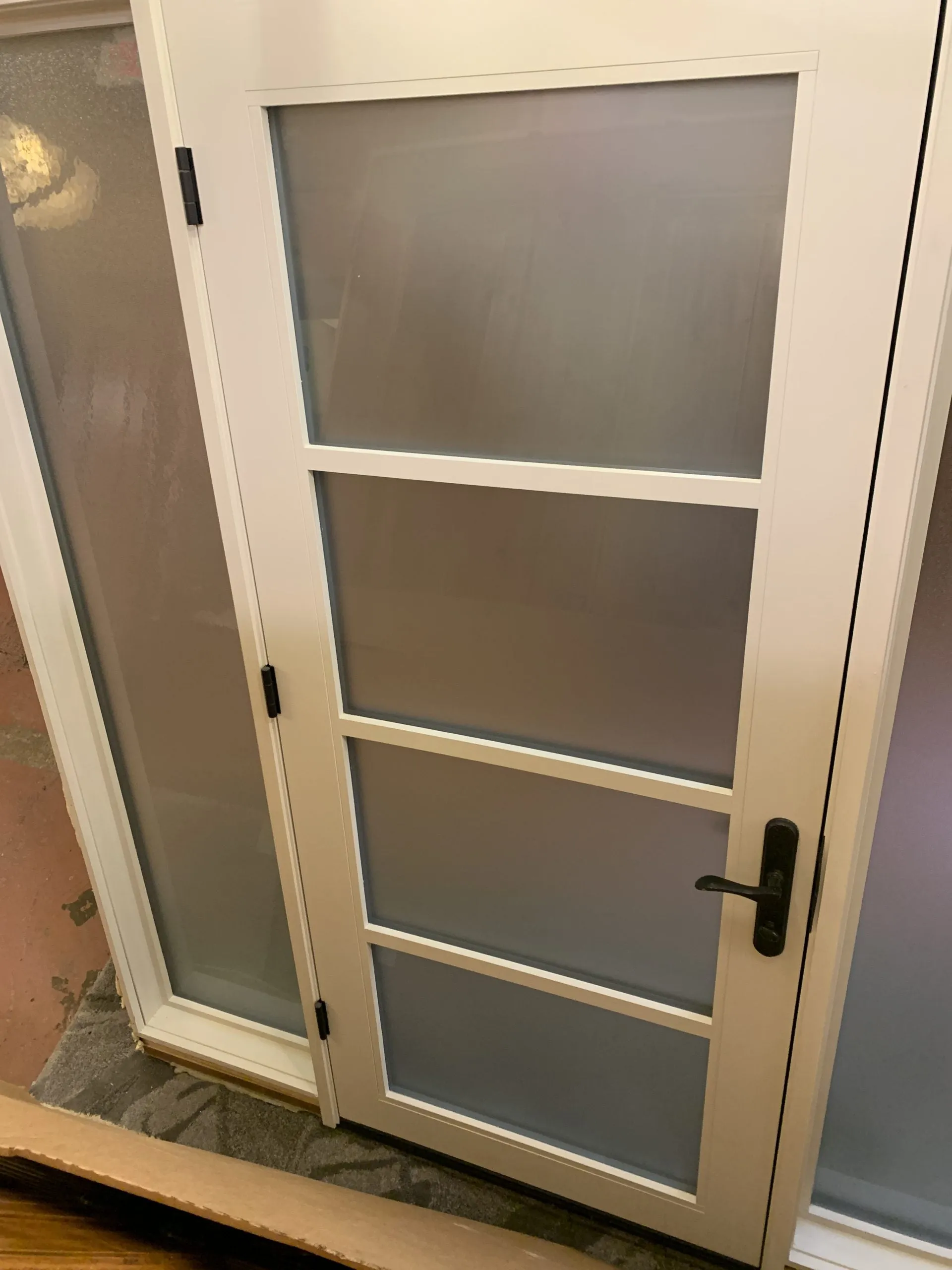 Pella Metal Entry Door with Side Lights, Frosted Glass