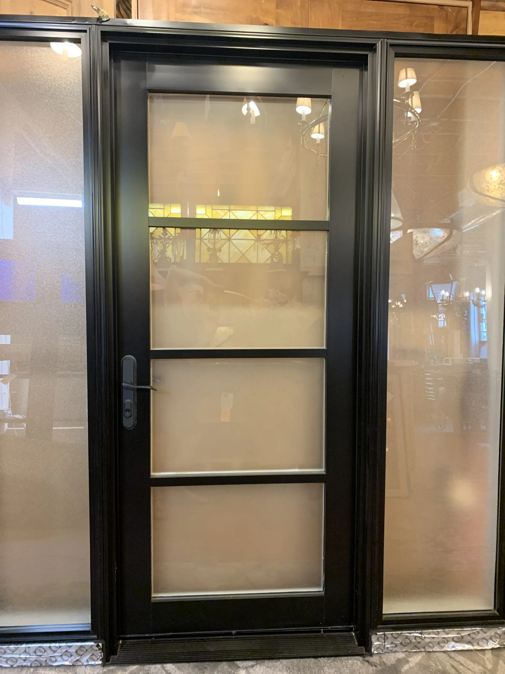Pella Metal Entry Door with Side Lights, Frosted Glass
