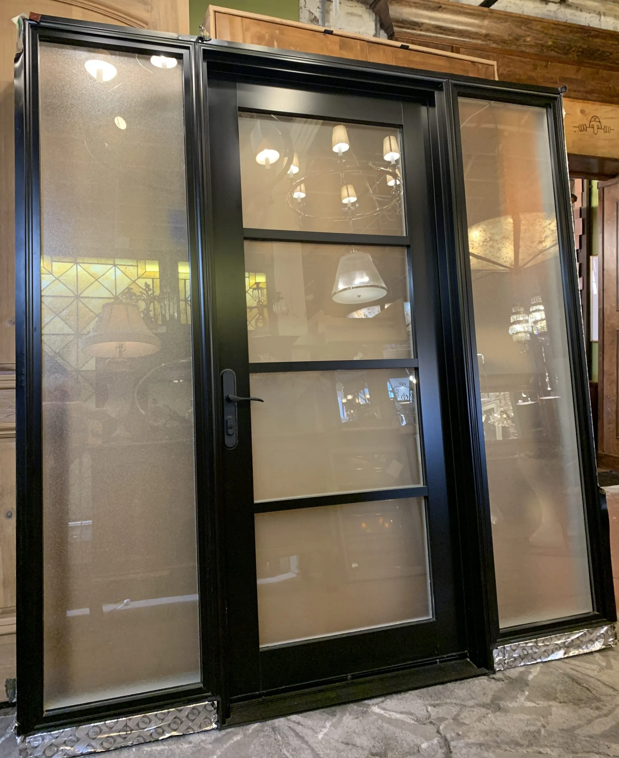 Pella Metal Entry Door with Side Lights, Frosted Glass