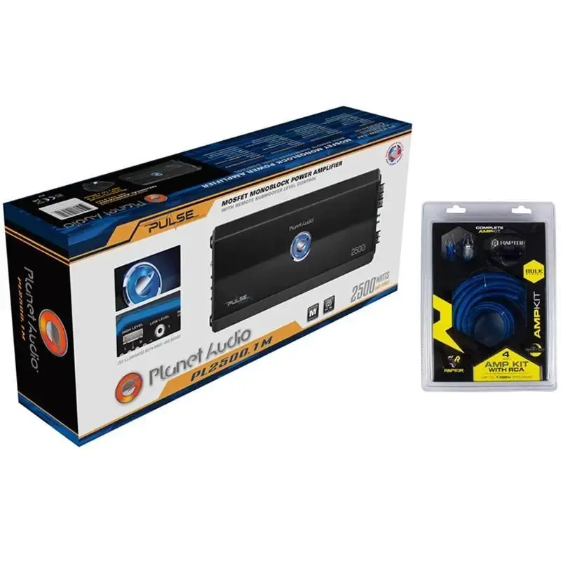 Planet Audio PL2500.1M Class A/B Monoblock Amp Pulse 2500W with 4 Gauge Amp Kit
