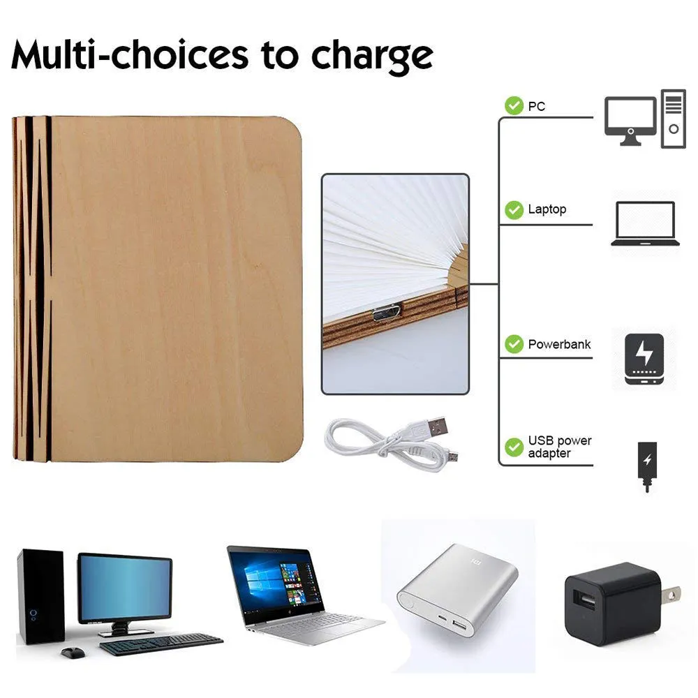 Portable Folding Book 3D RGB Color USB Recharge Wooden Lamp