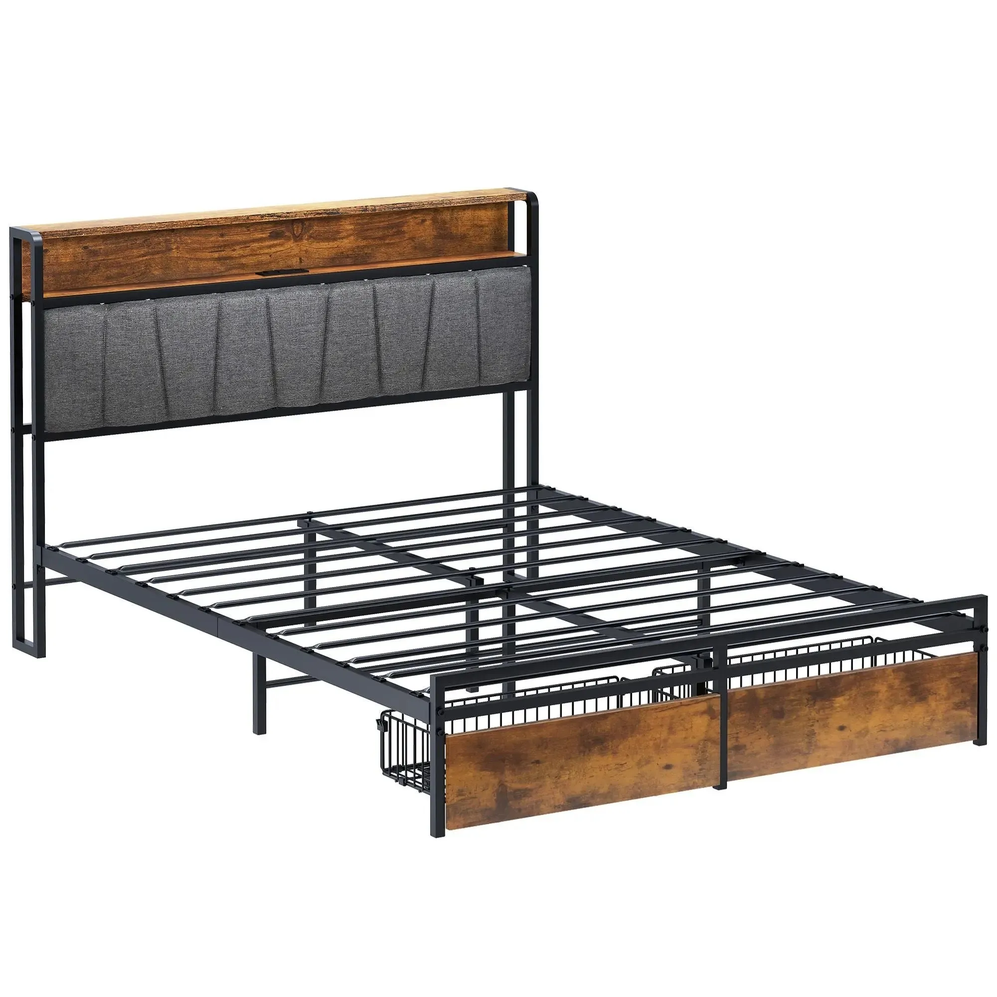 Queen Size Bed Frame Upholstered Platform Bed Frame with Storage Drawers, USB Ports, LED Lights, Upholstered Wingback Headboard, Rustic Brown