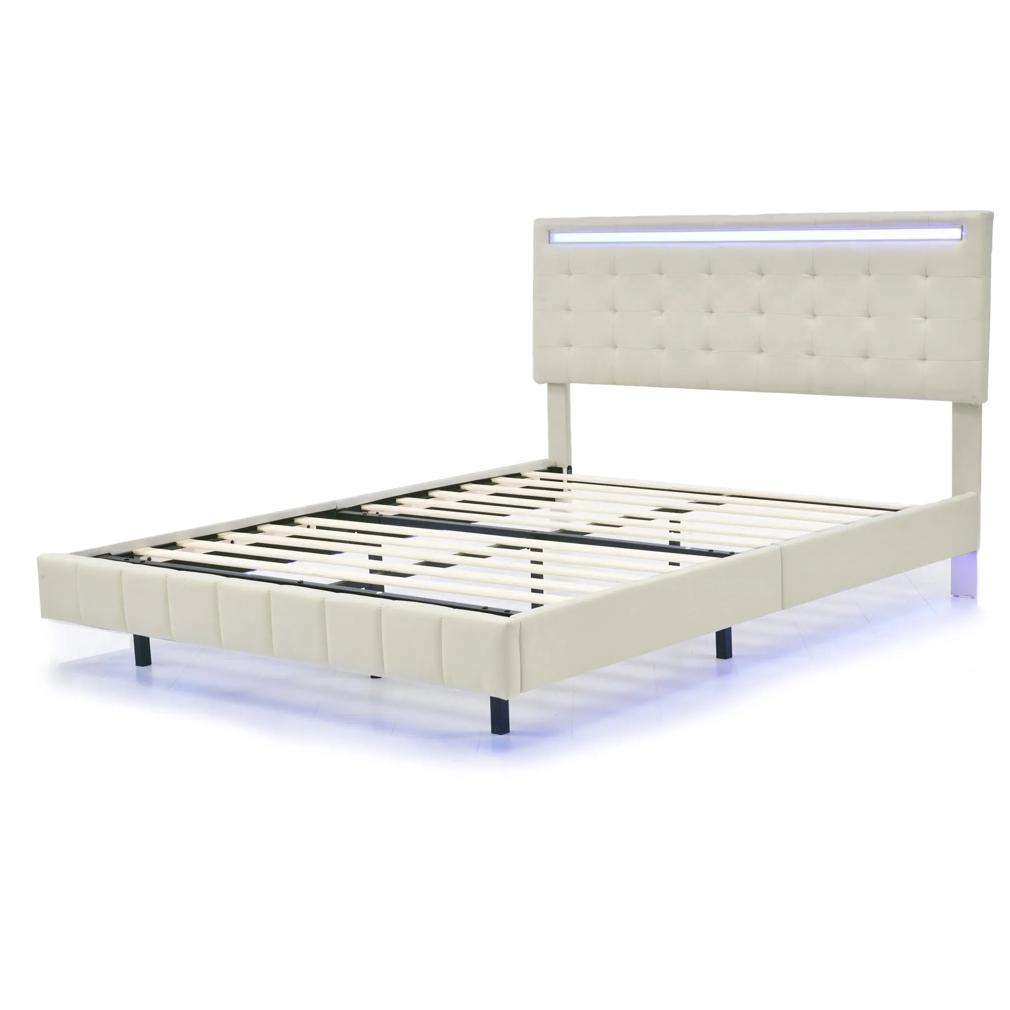 Queen Size Floating Bed Frame with LED Lights and USB Charging