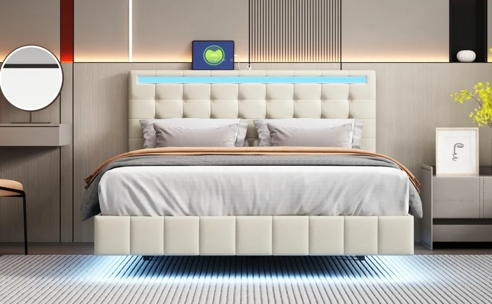 Queen Size Floating Bed Frame with LED Lights and USB Charging
