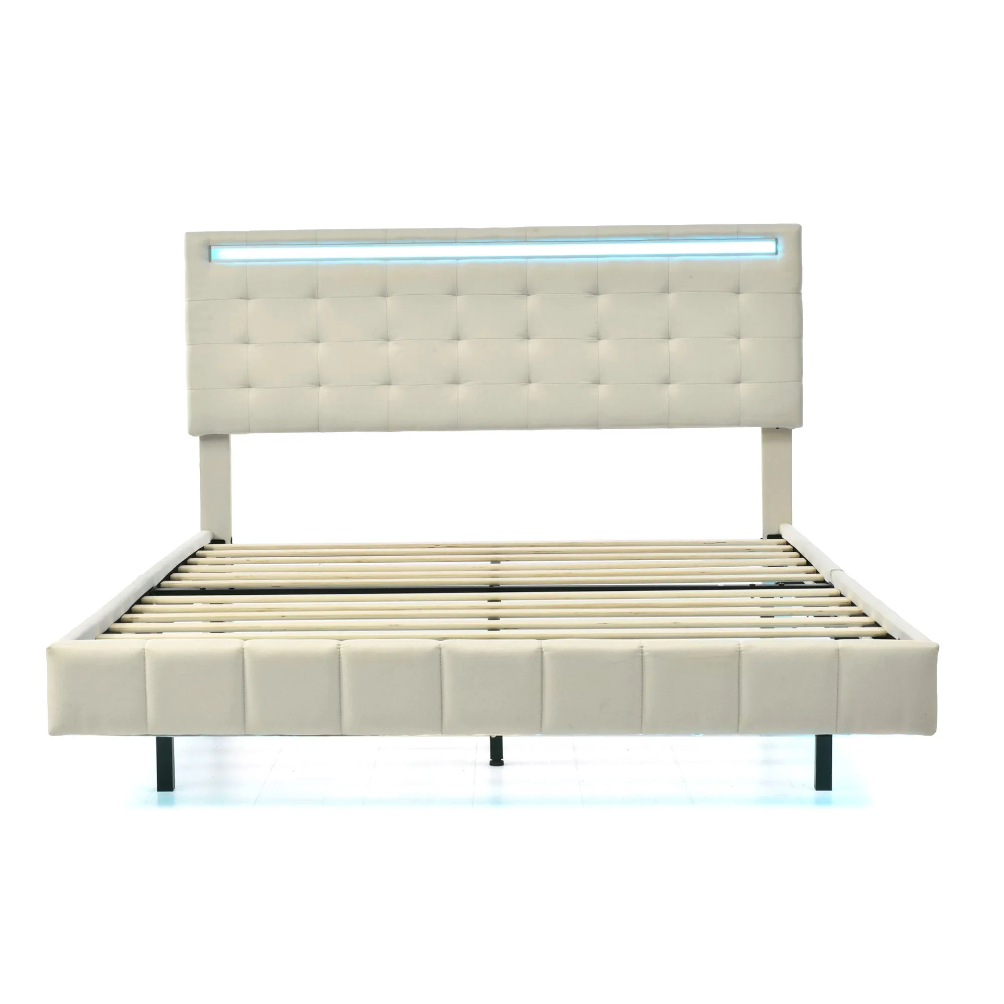 Queen Size Floating Bed Frame with LED Lights and USB Charging