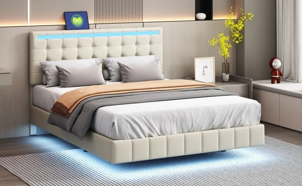 Queen Size Floating Bed Frame with LED Lights and USB Charging