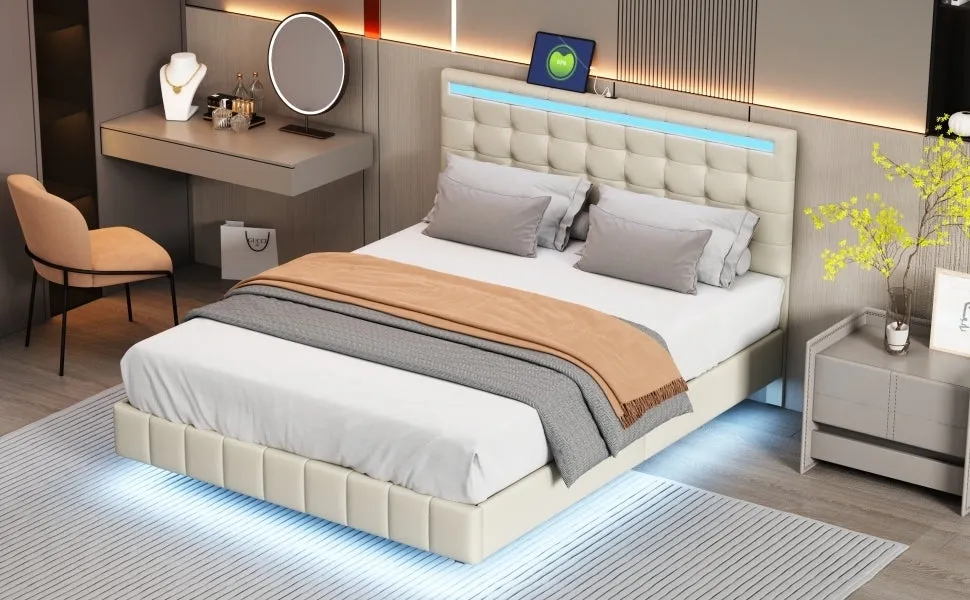 Queen Size Floating Bed Frame with LED Lights and USB Charging