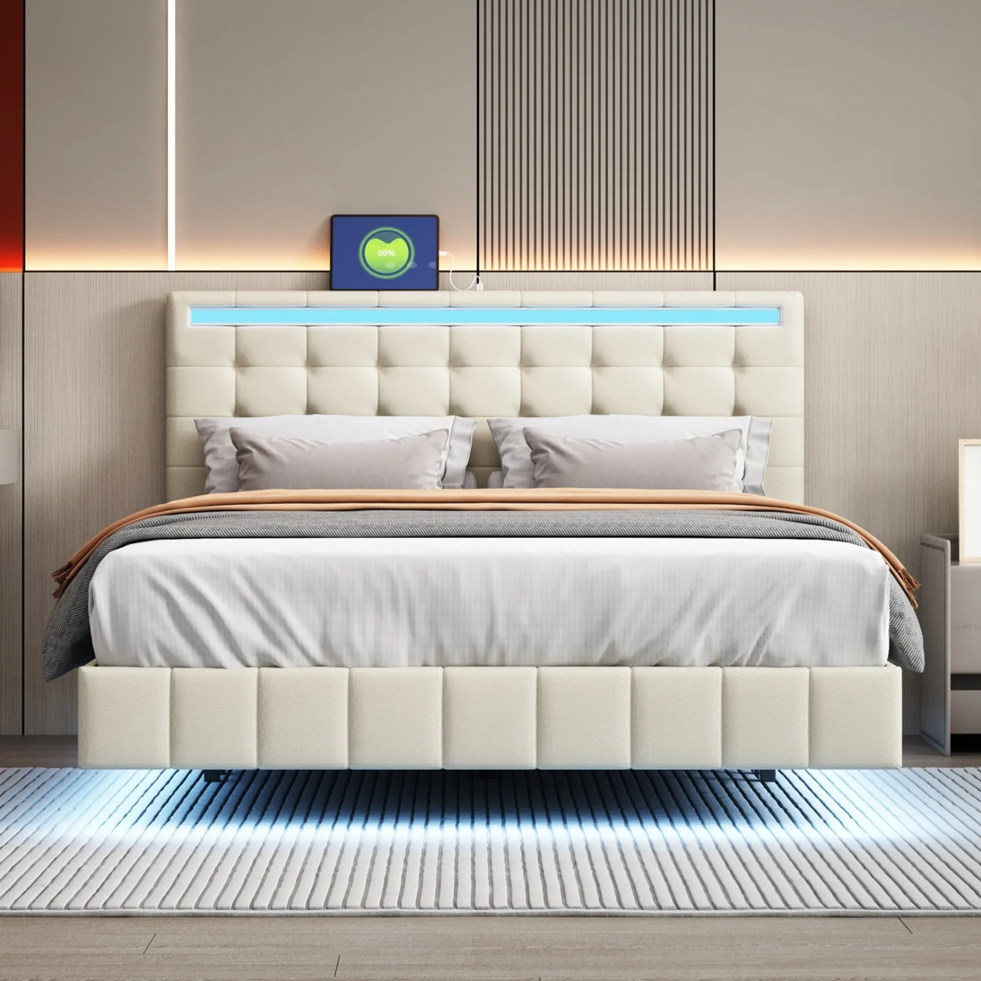Queen Size Floating Bed Frame with LED Lights and USB Charging