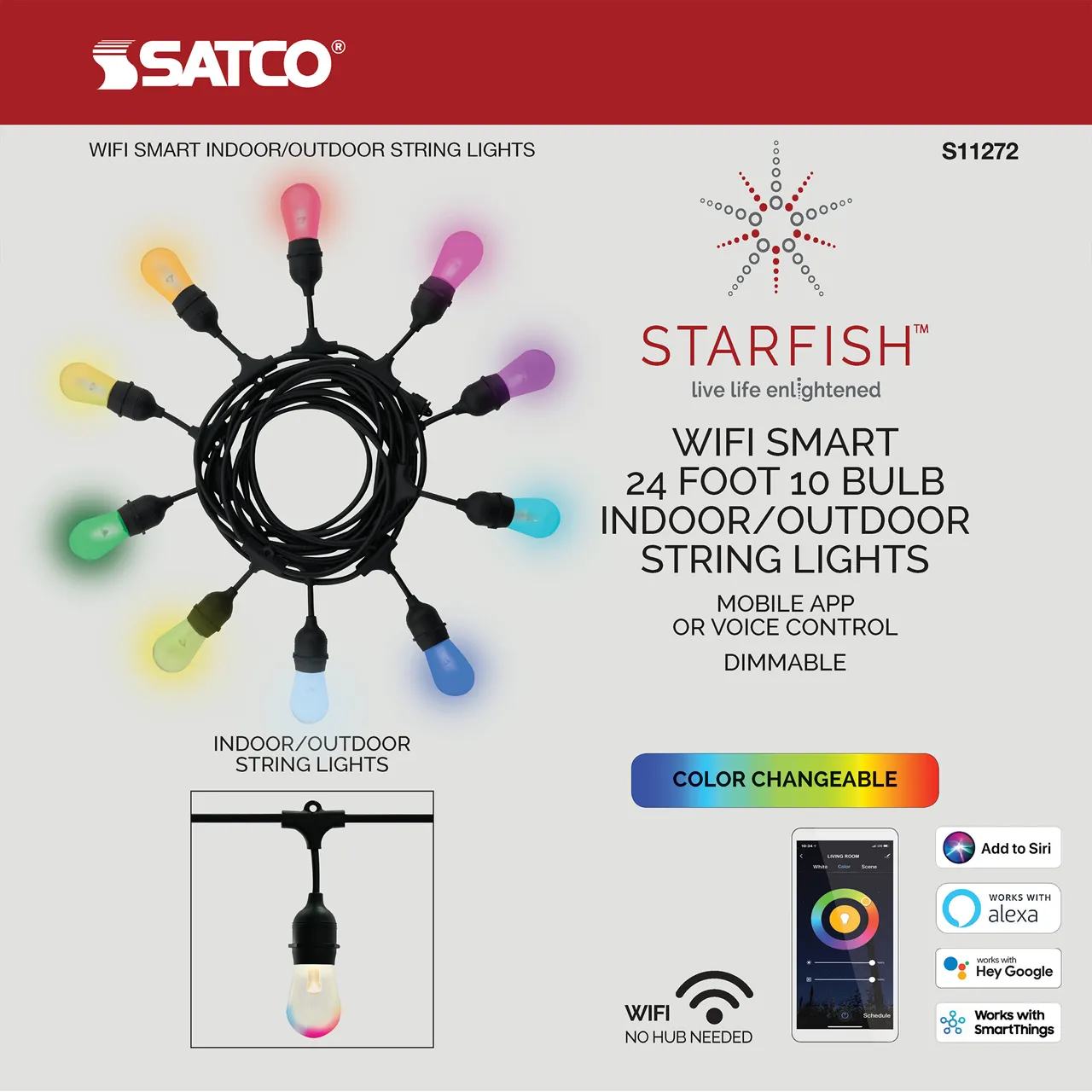 Satco S11290 24' RGB and Warm White 10-Light Outdoor String Light