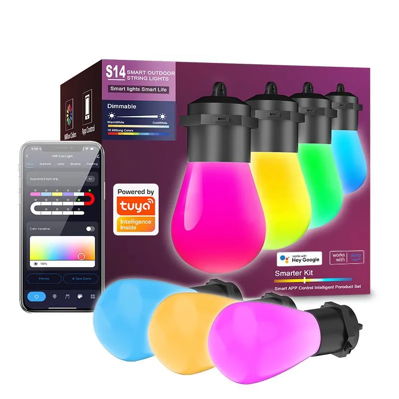 Smart Outdoor String Lights, RGB Patio Lights with 15 Dimmable LED Bulbs,IP67 Waterproof, Timer, Warm White Lights and Music Sync for Balcony, Backyard, Party
