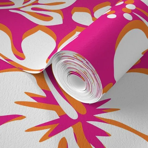 Surfer Girl Pink and Orange Hawaiian Flowers Wallpaper