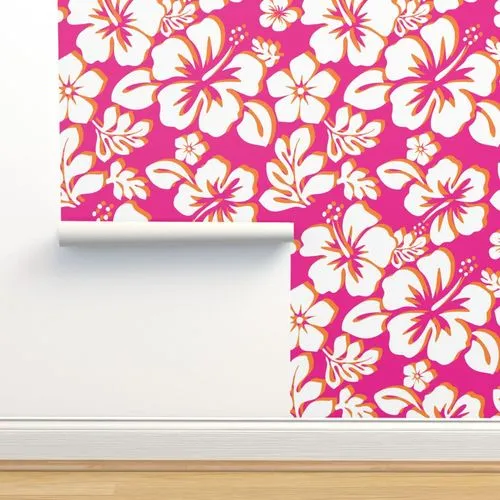 Surfer Girl Pink and Orange Hawaiian Flowers Wallpaper