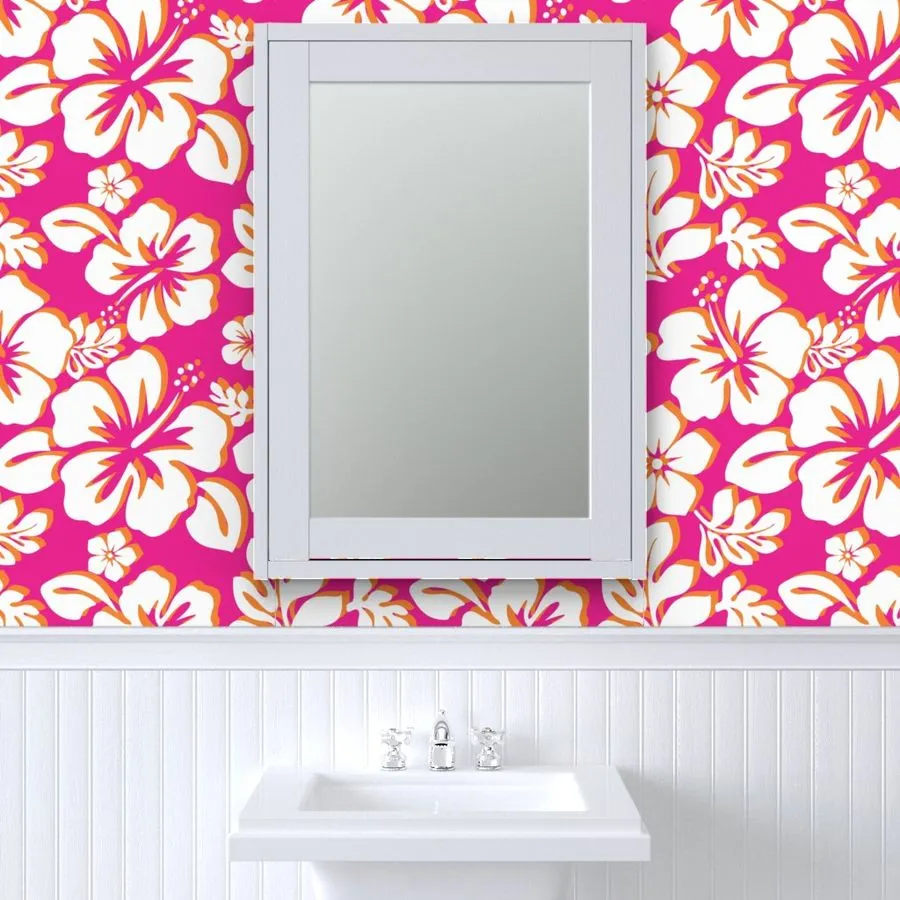 Surfer Girl Pink and Orange Hawaiian Flowers Wallpaper