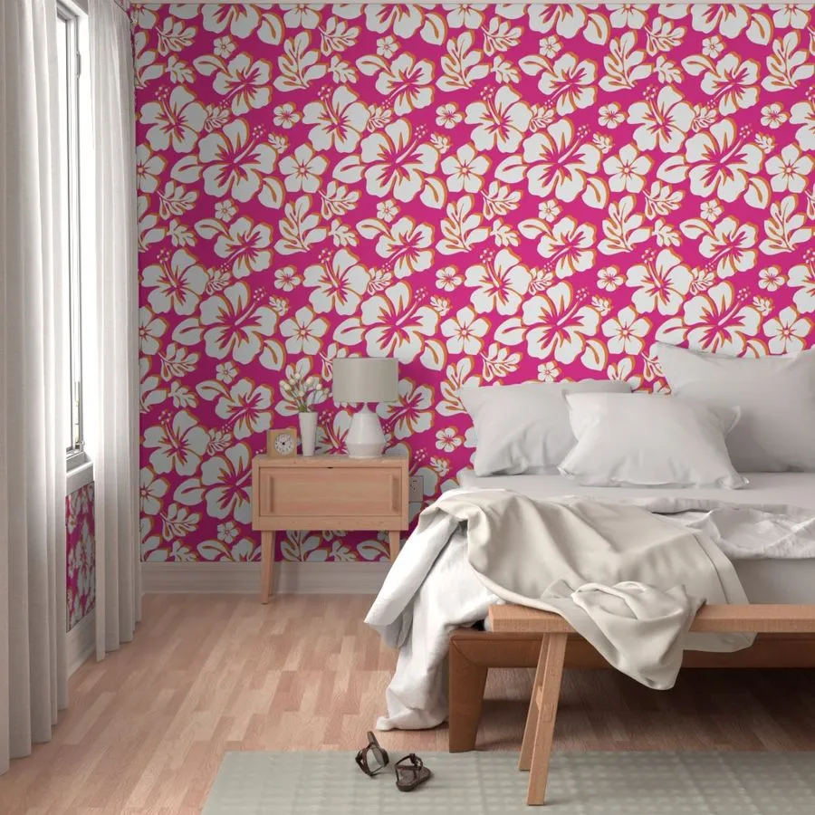Surfer Girl Pink and Orange Hawaiian Flowers Wallpaper