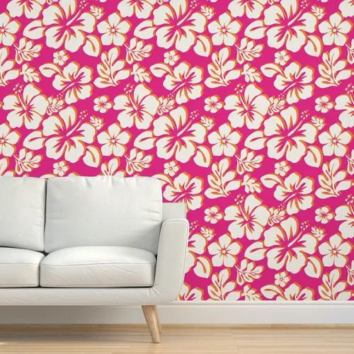 Surfer Girl Pink and Orange Hawaiian Flowers Wallpaper