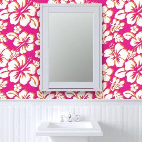 Surfer Girl Pink and Orange Hawaiian Flowers Wallpaper