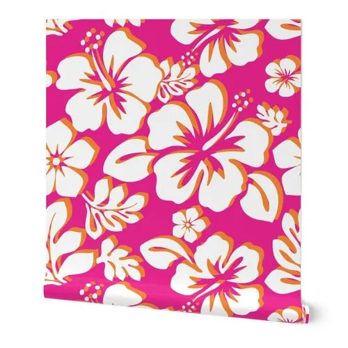 Surfer Girl Pink and Orange Hawaiian Flowers Wallpaper