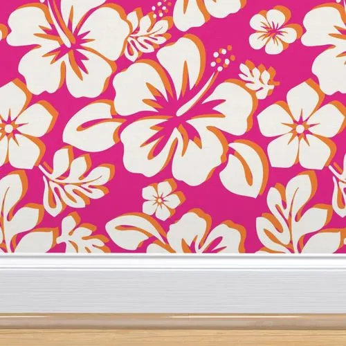 Surfer Girl Pink and Orange Hawaiian Flowers Wallpaper