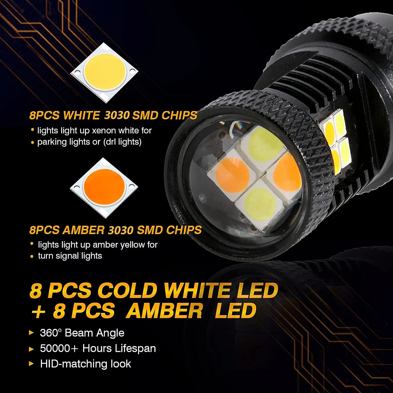 T20 7443 7440 LED Front Turn Signal & DRL Light Bulbs 300% High Brightness Dual Color Switchback White & Amber | 2 Bulbs