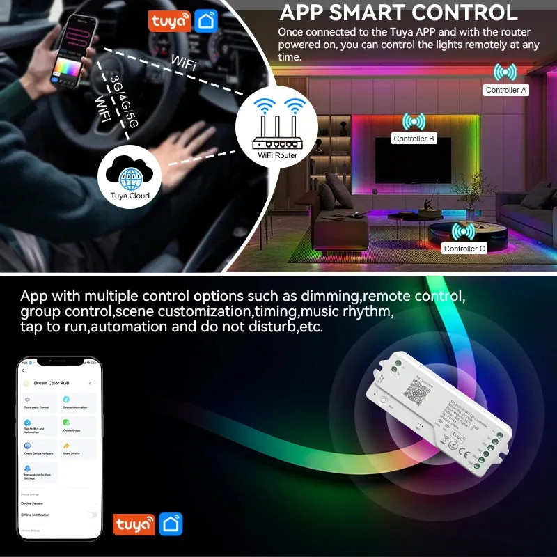 Tuya Wifi LED Controller Work with Alexa Google Assistance for SPI RGBIC WS2811 WS2812B WS2815 FCOB Addressable LED Strip Light