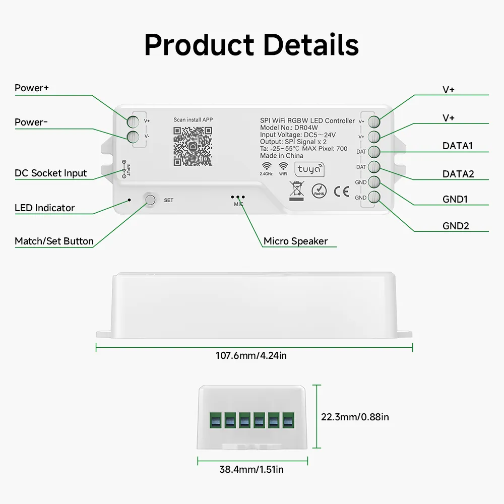 Tuya Wifi LED Controller Work with Alexa Google Assistance for SPI RGBWIC SK6812 RGBW WS2814 COB 784 896 Addressable LED Light