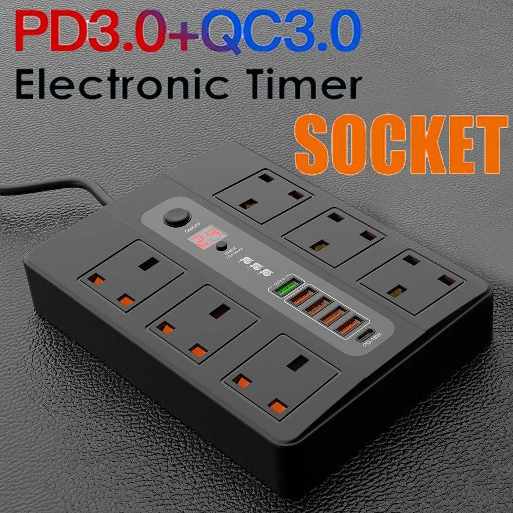 URVNS 2500W 6 Outlet Surge Protector, 2 Meter Extension Cord, Plug Power Strip with Timing Function and PD 3.0 QC3.0 USB Port