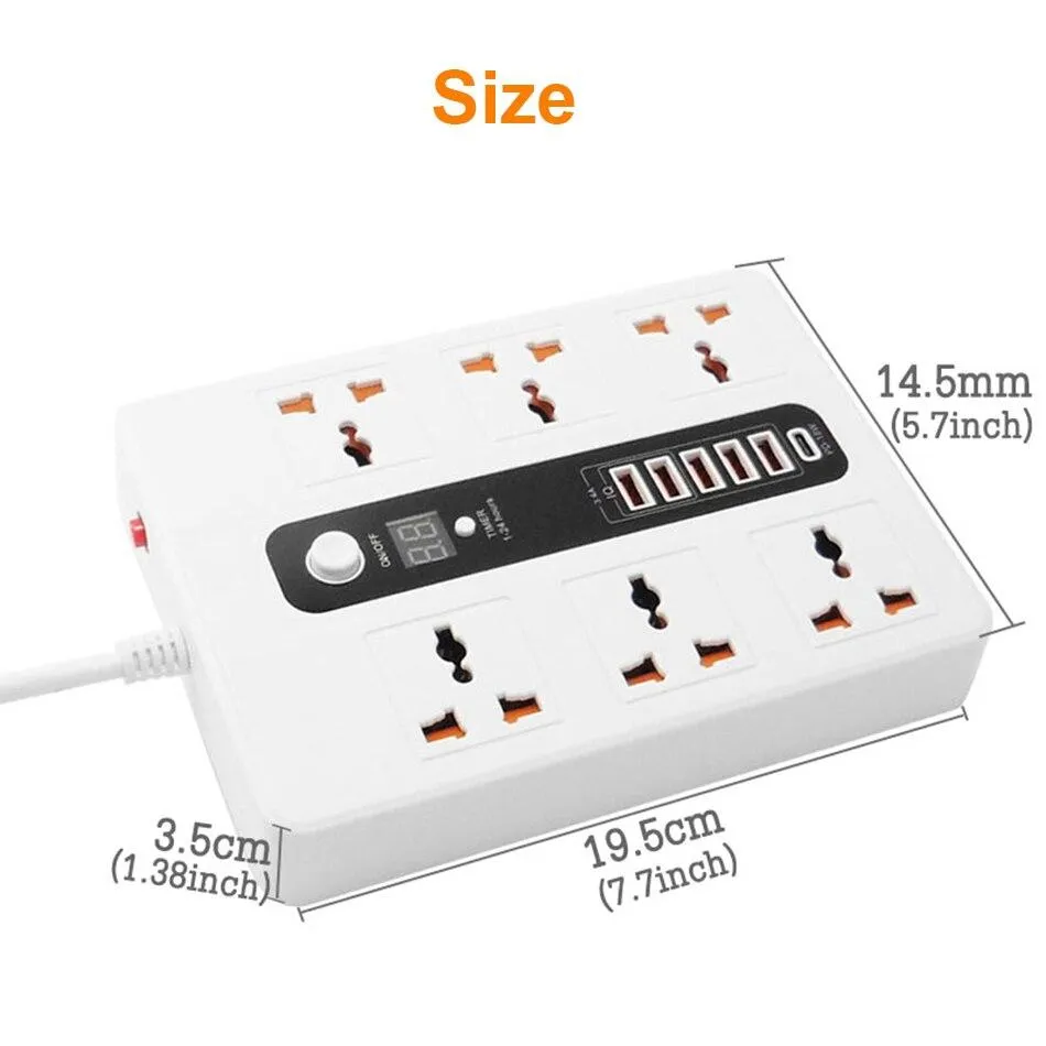 URVNS 2500W 6 Outlet Surge Protector, 2 Meter Extension Cord, Plug Power Strip with Timing Function and PD 3.0 QC3.0 USB Port