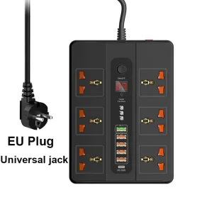 URVNS 2500W 6 Outlet Surge Protector, 2 Meter Extension Cord, Plug Power Strip with Timing Function and PD 3.0 QC3.0 USB Port