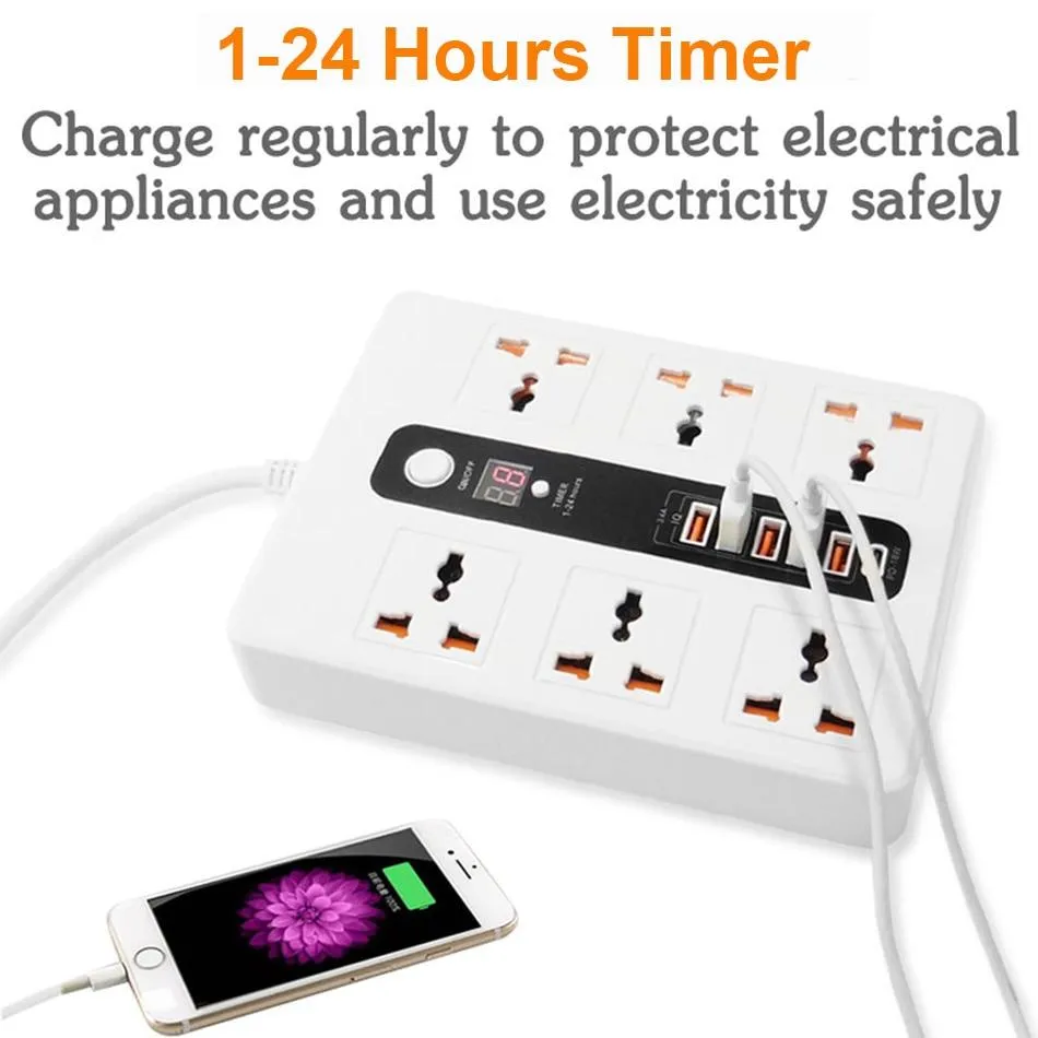 URVNS 2500W 6 Outlet Surge Protector, 2 Meter Extension Cord, Plug Power Strip with Timing Function and PD 3.0 QC3.0 USB Port
