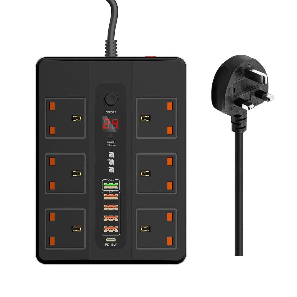 URVNS 2500W 6 Outlet Surge Protector, 2 Meter Extension Cord, Plug Power Strip with Timing Function and PD 3.0 QC3.0 USB Port