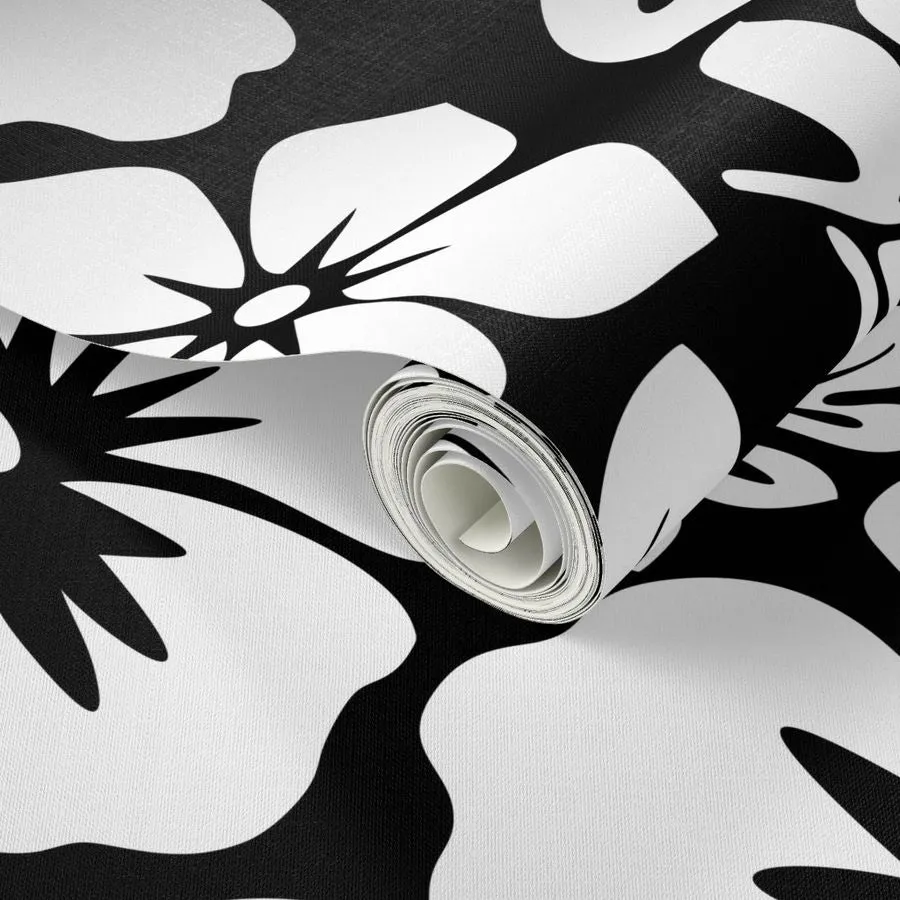 White Hawaiian Hibiscus Flowers on Black Wallpaper