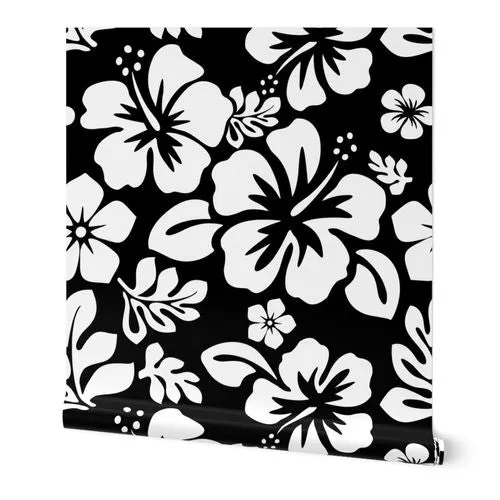 White Hawaiian Hibiscus Flowers on Black Wallpaper