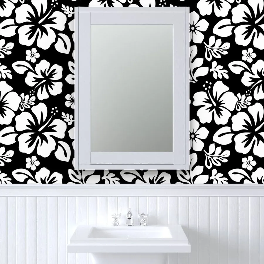 White Hawaiian Hibiscus Flowers on Black Wallpaper