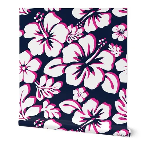 White, Hot Pink and Navy Blue Hawaiian Hibiscus Flowers Wallpaper
