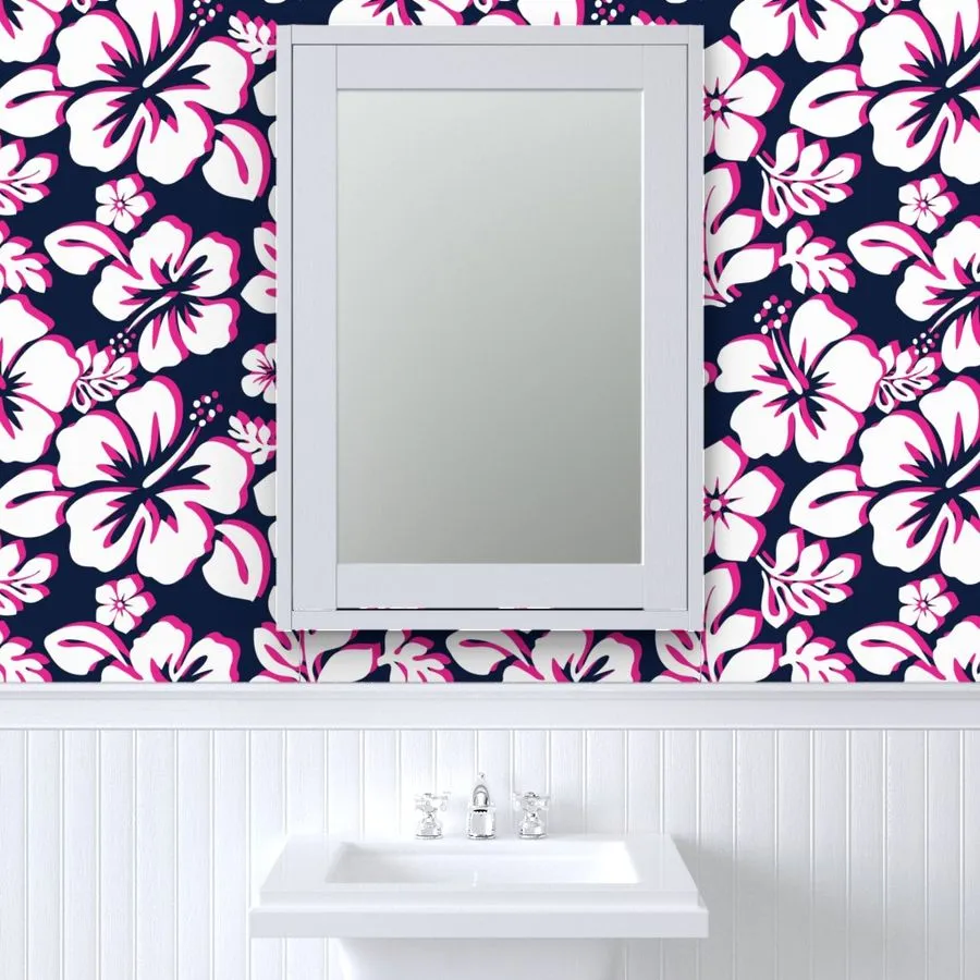 White, Hot Pink and Navy Blue Hawaiian Hibiscus Flowers Wallpaper