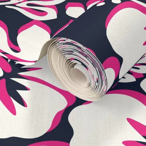 White, Hot Pink and Navy Blue Hawaiian Hibiscus Flowers Wallpaper