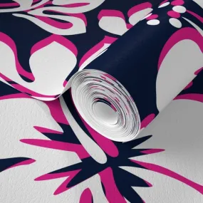 White, Hot Pink and Navy Blue Hawaiian Hibiscus Flowers Wallpaper