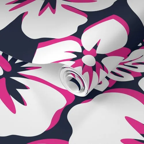 White, Hot Pink and Navy Blue Hawaiian Hibiscus Flowers Wallpaper