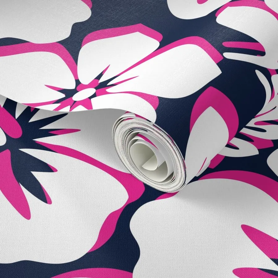 White, Hot Pink and Navy Blue Hawaiian Hibiscus Flowers Wallpaper