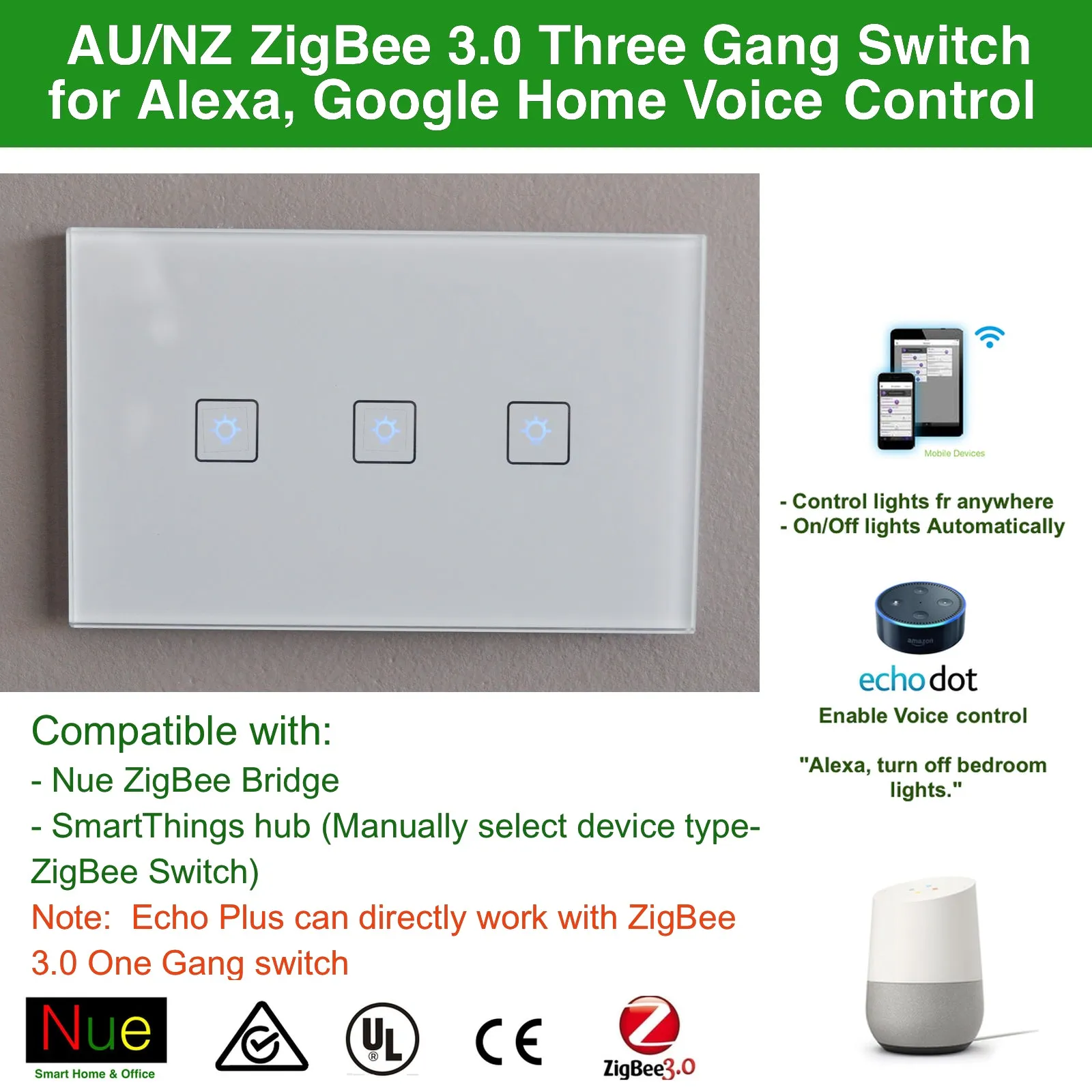 ZigBee Smart 3 Gang Switch for SmartThings, Hubitat Hub, Philips Hue